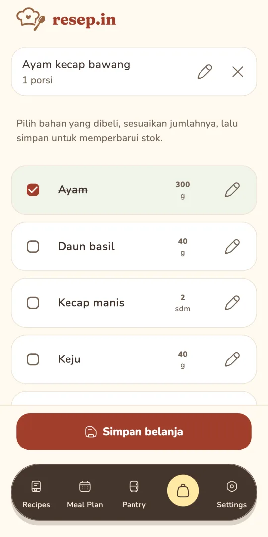 Daftar belanja demo ayam kecap bawang dengan jumlah bahan dan centang bahan yang sudah dibeli