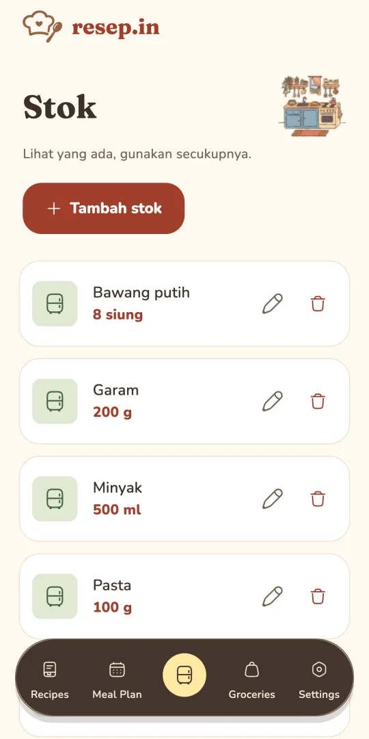 Stok bahan demo dengan jumlah bawang putih, garam, minyak, dan pasta