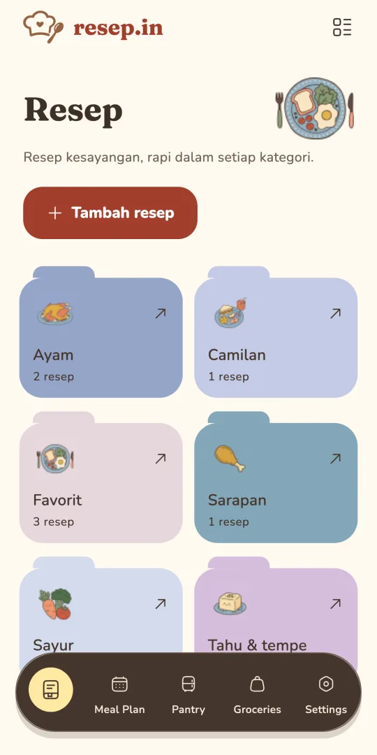 Koleksi demo Resep.in yang mengelompokkan resep ke kategori Ayam, Camilan, Sayur, dan Sarapan